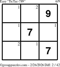 The grouppuzzles.com Easy TicTac-789 puzzle for Thursday February 26, 2026 with the first 2 steps marked
