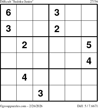The grouppuzzles.com Difficult Sudoku-Junior puzzle for Thursday February 26, 2026