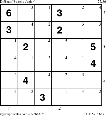The grouppuzzles.com Difficult Sudoku-Junior puzzle for Thursday February 26, 2026, suitable for printing, with all 5 steps marked