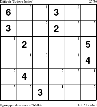 The grouppuzzles.com Difficult Sudoku-Junior puzzle for Thursday February 26, 2026 with the first 3 steps marked