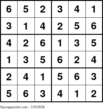 The grouppuzzles.com Answer grid for the Sudoku-Junior puzzle for Thursday February 26, 2026