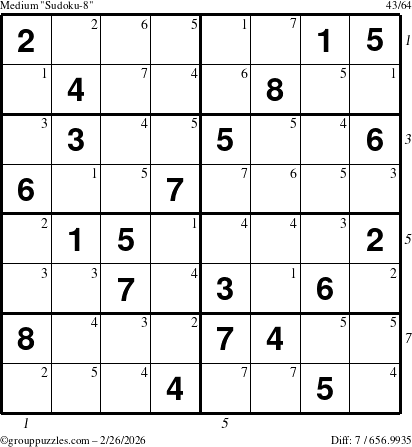 The grouppuzzles.com Medium Sudoku-8 puzzle for Thursday February 26, 2026 with all 7 steps marked