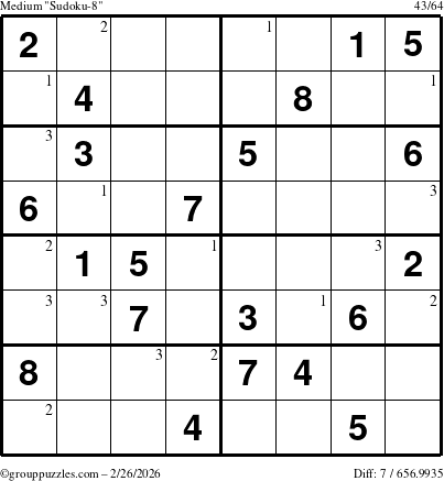 The grouppuzzles.com Medium Sudoku-8 puzzle for Thursday February 26, 2026 with the first 3 steps marked