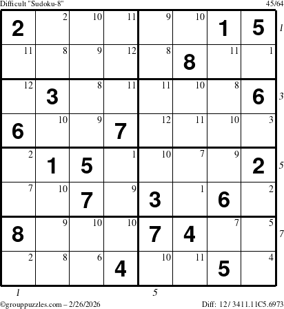 The grouppuzzles.com Difficult Sudoku-8 puzzle for Thursday February 26, 2026, suitable for printing, with all 12 steps marked