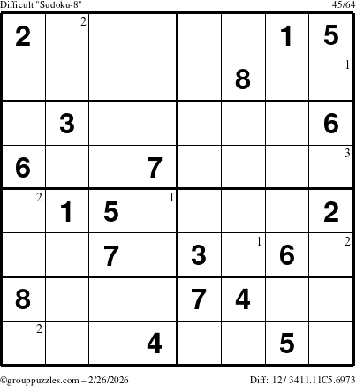 The grouppuzzles.com Difficult Sudoku-8 puzzle for Thursday February 26, 2026 with the first 3 steps marked