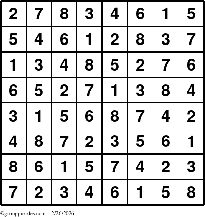 The grouppuzzles.com Answer grid for the Sudoku-8 puzzle for Thursday February 26, 2026