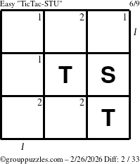 The grouppuzzles.com Easy TicTac-STU puzzle for Thursday February 26, 2026, suitable for printing, with all 2 steps marked