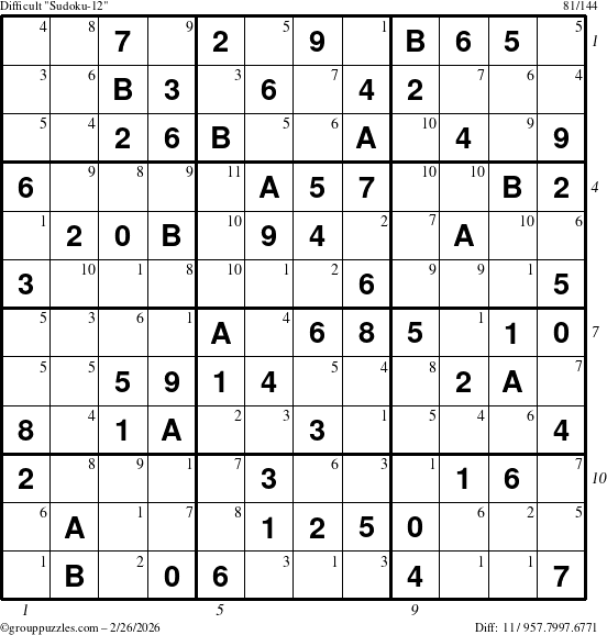 The grouppuzzles.com Difficult Sudoku-12 puzzle for Thursday February 26, 2026, suitable for printing, with all 11 steps marked