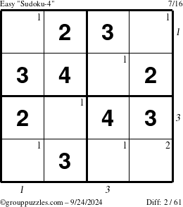 The grouppuzzles.com Easy Sudoku-4 puzzle for Tuesday September 24, 2024 with all 2 steps marked