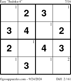 The grouppuzzles.com Easy Sudoku-4 puzzle for Tuesday September 24, 2024 with the first 2 steps marked