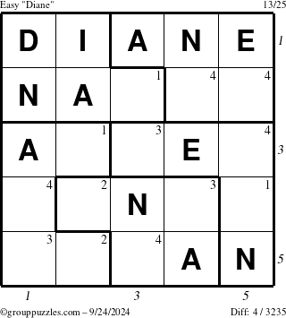 The grouppuzzles.com Easy Diane puzzle for Tuesday September 24, 2024 with all 4 steps marked