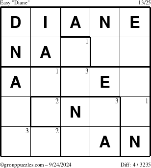 The grouppuzzles.com Easy Diane puzzle for Tuesday September 24, 2024 with the first 3 steps marked