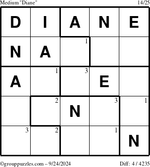 The grouppuzzles.com Medium Diane puzzle for Tuesday September 24, 2024 with the first 3 steps marked