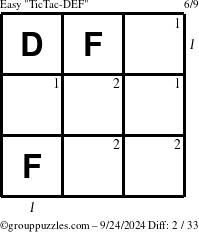 The grouppuzzles.com Easy TicTac-DEF puzzle for Tuesday September 24, 2024, suitable for printing, with all 2 steps marked