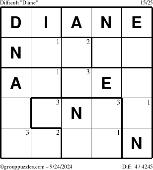 The grouppuzzles.com Difficult Diane puzzle for Tuesday September 24, 2024 with the first 3 steps marked