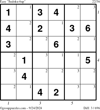 The grouppuzzles.com Easy Sudoku-6up puzzle for Tuesday September 24, 2024, suitable for printing, with all 3 steps marked