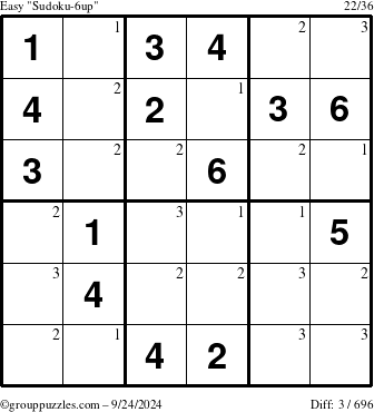 The grouppuzzles.com Easy Sudoku-6up puzzle for Tuesday September 24, 2024 with the first 3 steps marked