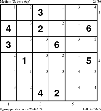 The grouppuzzles.com Medium Sudoku-6up puzzle for Tuesday September 24, 2024, suitable for printing, with all 4 steps marked