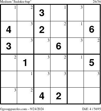 The grouppuzzles.com Medium Sudoku-6up puzzle for Tuesday September 24, 2024 with the first 3 steps marked