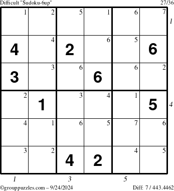 The grouppuzzles.com Difficult Sudoku-6up puzzle for Tuesday September 24, 2024 with all 7 steps marked