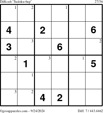 The grouppuzzles.com Difficult Sudoku-6up puzzle for Tuesday September 24, 2024 with the first 3 steps marked