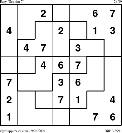 The grouppuzzles.com Easy Sudoku-7 puzzle for Tuesday September 24, 2024