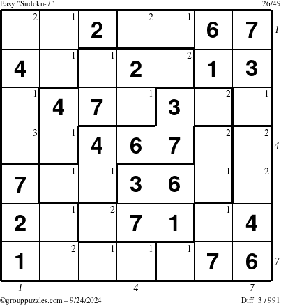 The grouppuzzles.com Easy Sudoku-7 puzzle for Tuesday September 24, 2024 with all 3 steps marked