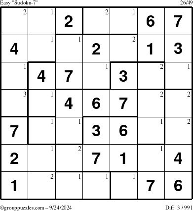 The grouppuzzles.com Easy Sudoku-7 puzzle for Tuesday September 24, 2024 with the first 3 steps marked