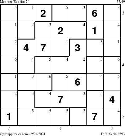 The grouppuzzles.com Medium Sudoku-7 puzzle for Tuesday September 24, 2024 with all 6 steps marked