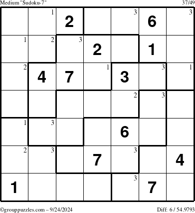 The grouppuzzles.com Medium Sudoku-7 puzzle for Tuesday September 24, 2024 with the first 3 steps marked