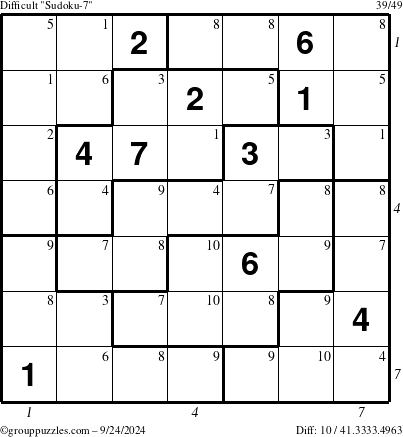 The grouppuzzles.com Difficult Sudoku-7 puzzle for Tuesday September 24, 2024 with all 10 steps marked