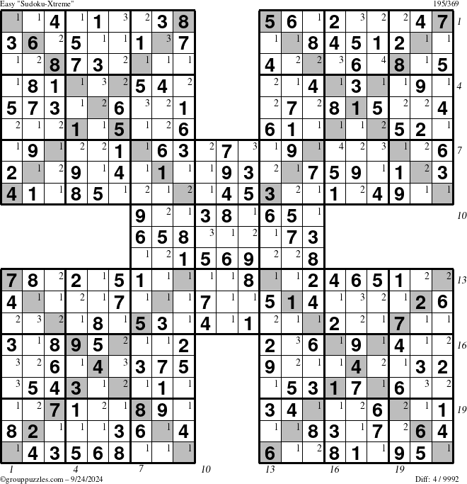 The grouppuzzles.com Easy Sudoku-Xtreme puzzle for Tuesday September 24, 2024 with all 4 steps marked