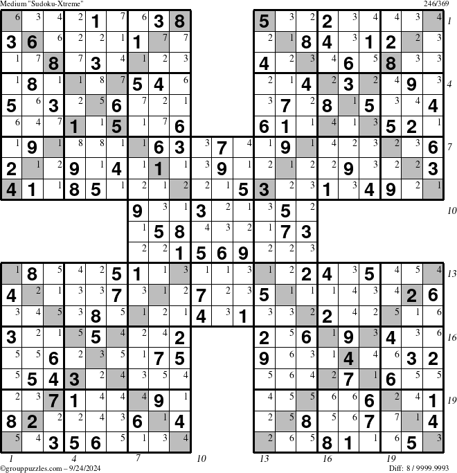 The grouppuzzles.com Medium Sudoku-Xtreme puzzle for Tuesday September 24, 2024 with all 8 steps marked