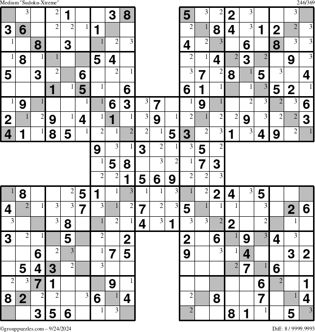 The grouppuzzles.com Medium Sudoku-Xtreme puzzle for Tuesday September 24, 2024 with the first 3 steps marked