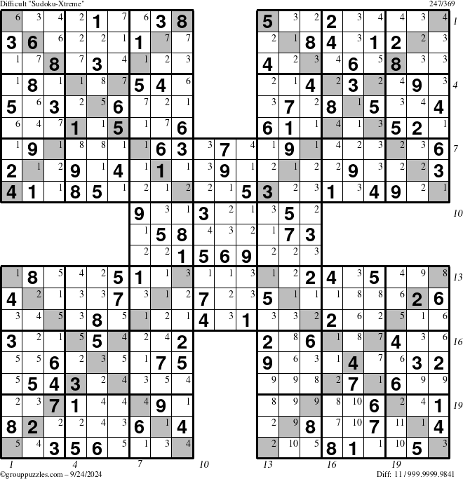 The grouppuzzles.com Difficult Sudoku-Xtreme puzzle for Tuesday September 24, 2024 with all 11 steps marked