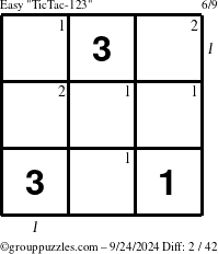 The grouppuzzles.com Easy TicTac-123 puzzle for Tuesday September 24, 2024 with all 2 steps marked