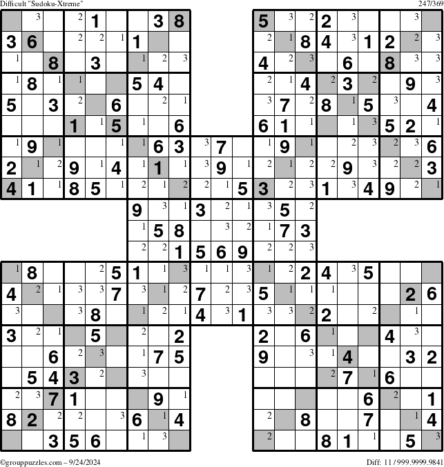 The grouppuzzles.com Difficult Sudoku-Xtreme puzzle for Tuesday September 24, 2024 with the first 3 steps marked