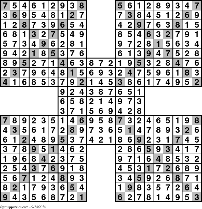 The grouppuzzles.com Answer grid for the Sudoku-Xtreme puzzle for Tuesday September 24, 2024