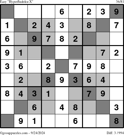 The grouppuzzles.com Easy HyperSudoku-X puzzle for Tuesday September 24, 2024