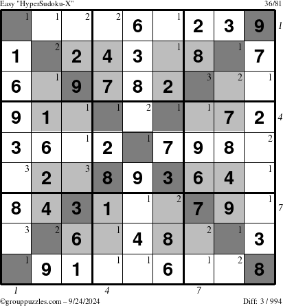 The grouppuzzles.com Easy HyperSudoku-X puzzle for Tuesday September 24, 2024, suitable for printing, with all 3 steps marked