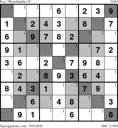 The grouppuzzles.com Easy HyperSudoku-X puzzle for Tuesday September 24, 2024 with the first 3 steps marked