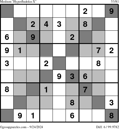 The grouppuzzles.com Medium HyperSudoku-X puzzle for Tuesday September 24, 2024