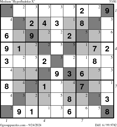 The grouppuzzles.com Medium HyperSudoku-X puzzle for Tuesday September 24, 2024 with all 6 steps marked