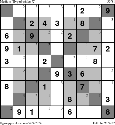 The grouppuzzles.com Medium HyperSudoku-X puzzle for Tuesday September 24, 2024 with the first 3 steps marked