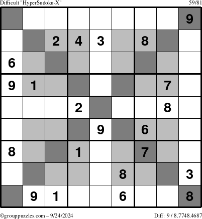 The grouppuzzles.com Difficult HyperSudoku-X puzzle for Tuesday September 24, 2024