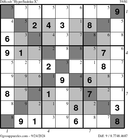 The grouppuzzles.com Difficult HyperSudoku-X puzzle for Tuesday September 24, 2024 with all 9 steps marked