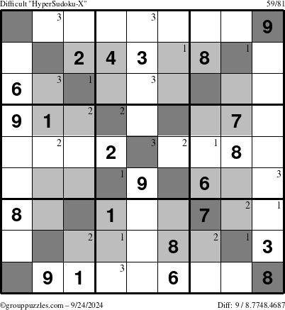 The grouppuzzles.com Difficult HyperSudoku-X puzzle for Tuesday September 24, 2024 with the first 3 steps marked