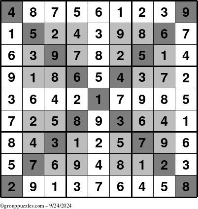 The grouppuzzles.com Answer grid for the HyperSudoku-X puzzle for Tuesday September 24, 2024