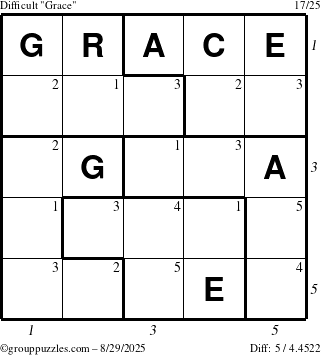 The grouppuzzles.com Difficult Grace puzzle for Friday August 29, 2025 with all 5 steps marked