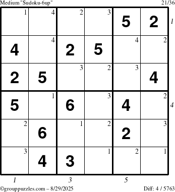 The grouppuzzles.com Medium Sudoku-6up puzzle for Friday August 29, 2025 with all 4 steps marked
